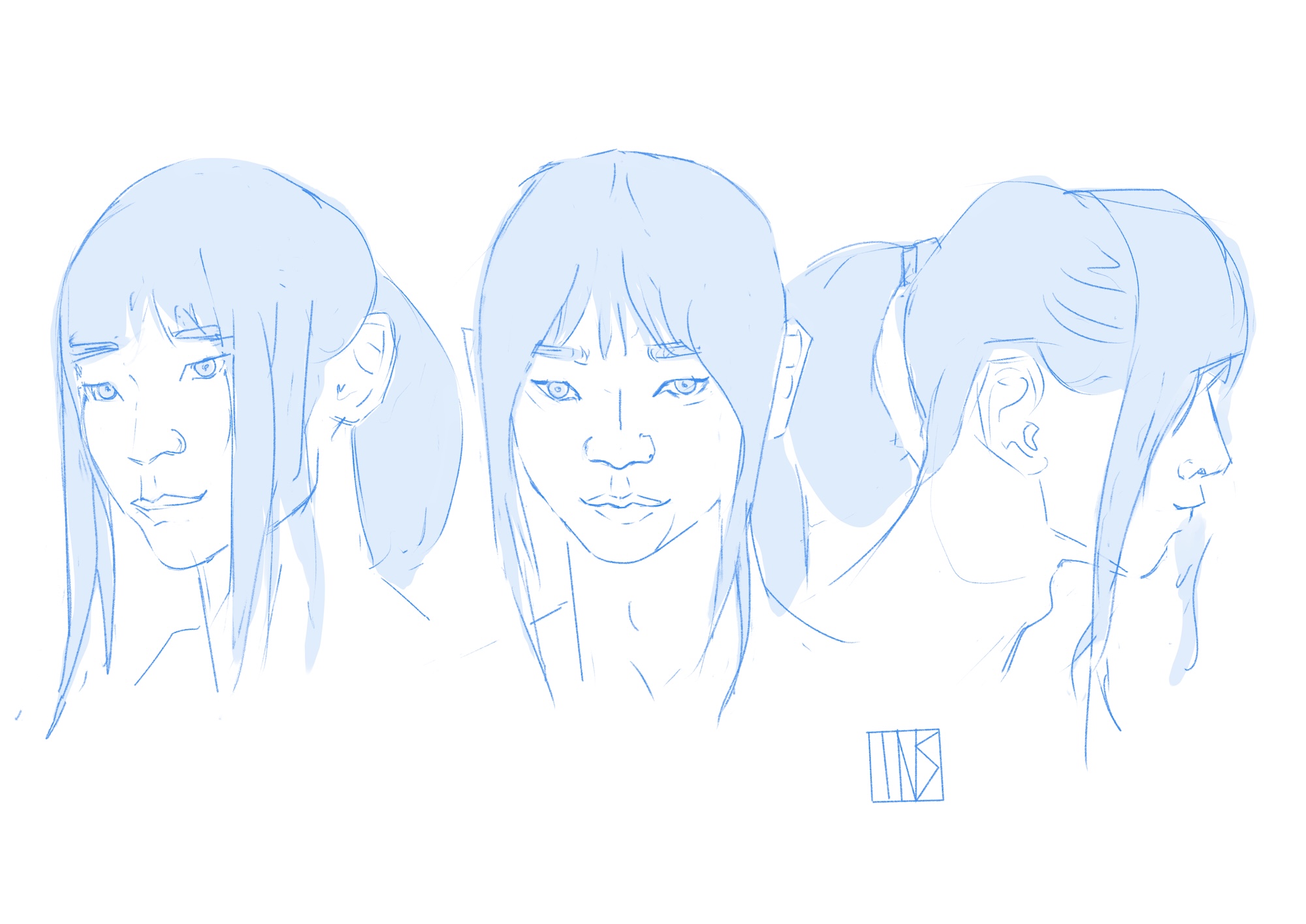 Oeuvre de Loïc Breton, character design, croquis bleu, jeune homme asiatique aux cheveux longs
