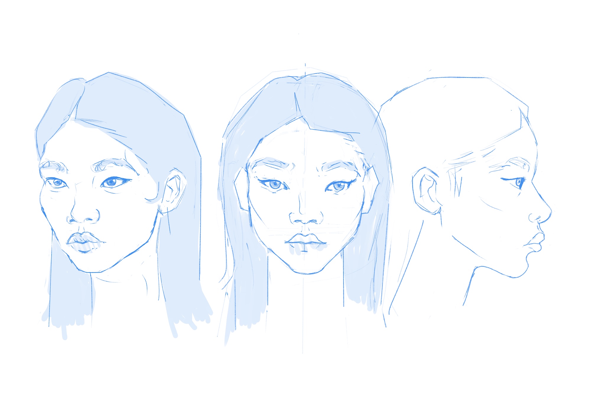 Oeuvre de Loïc Breton, character design, croquis bleu, femme asiatique