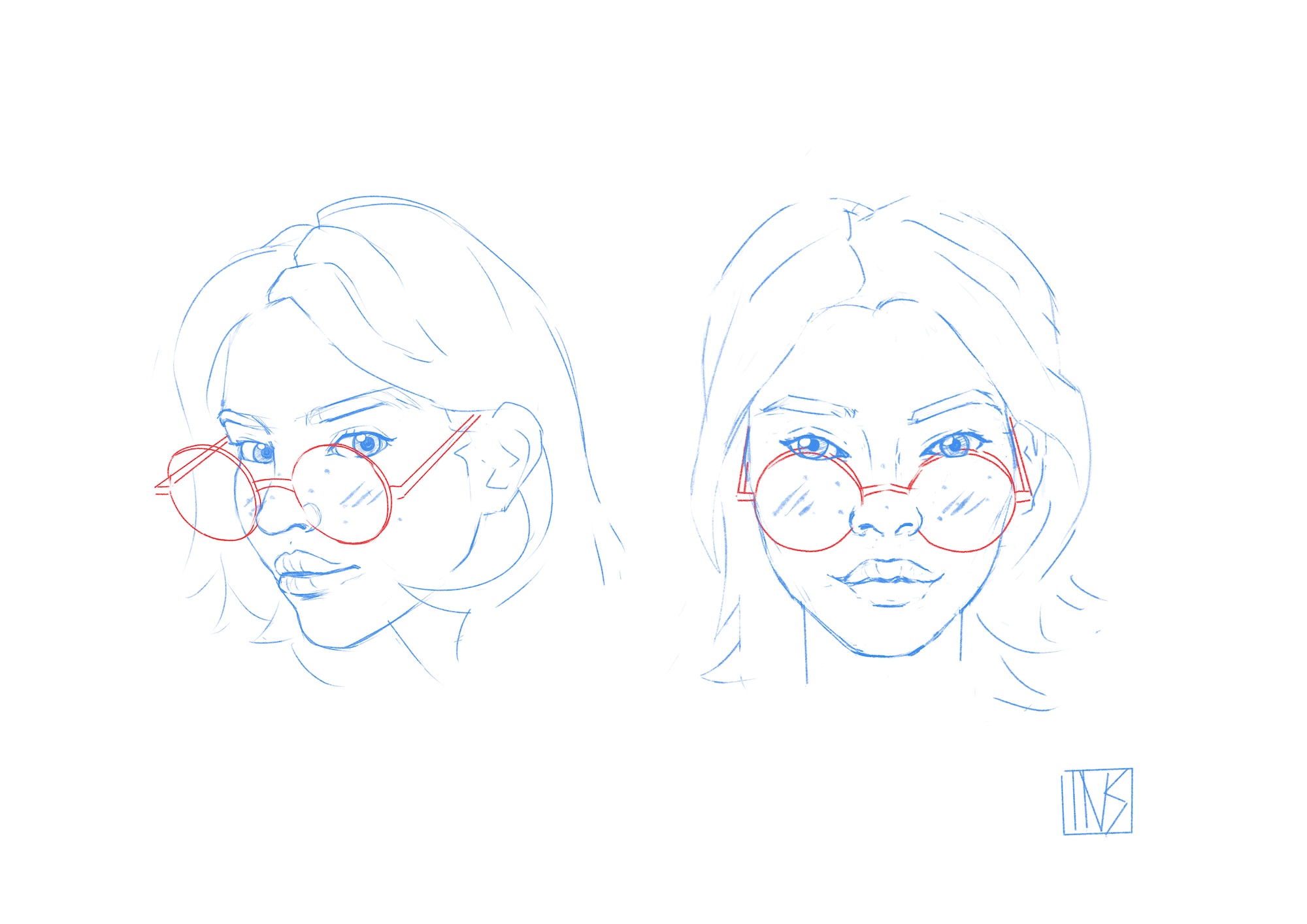 Oeuvre de Loïc Breton, character design, croquis bleu, jeune femme à lunettes