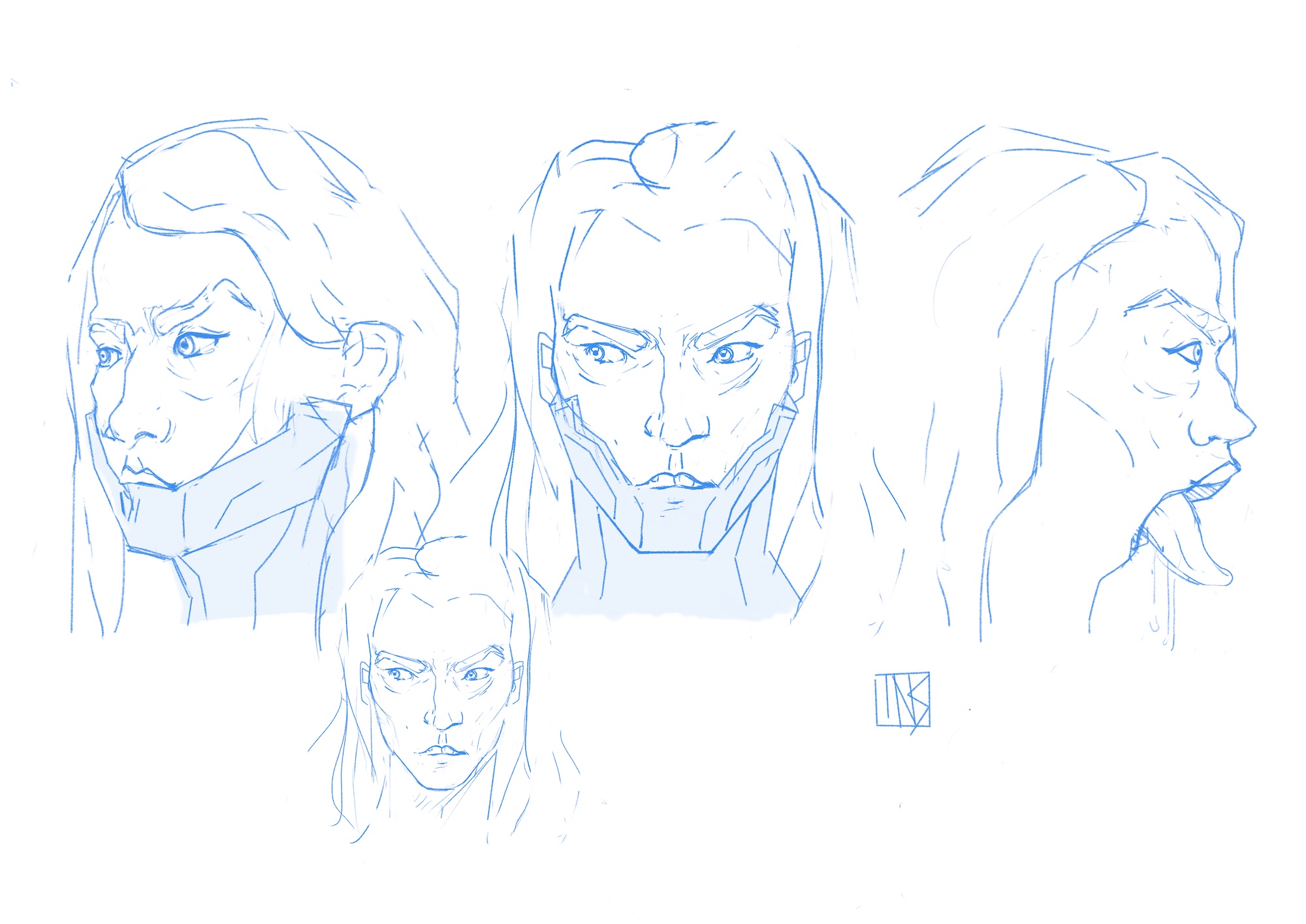 Oeuvre de Loïc Breton, character design, croquis bleu